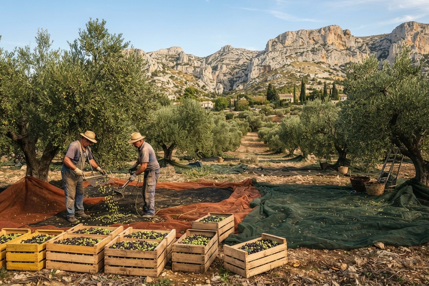 Filets et cageots utilisés pour la récolte des olives